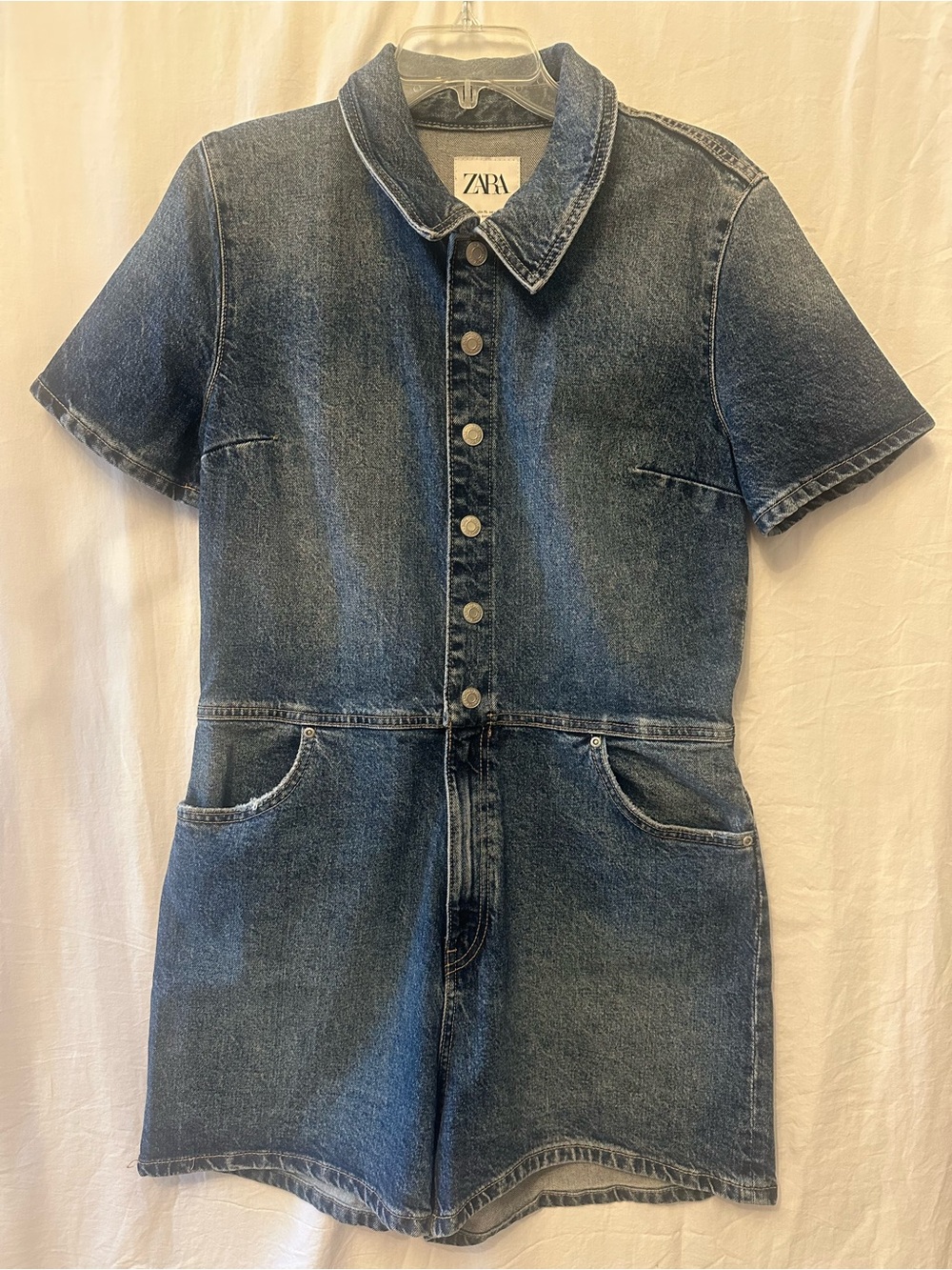 Zara Denim Utility Romper Short Sleeve Snap Front Blue Jean Romper XL NWT